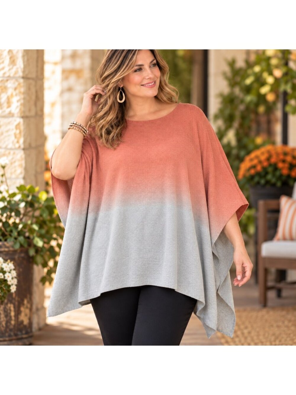 Pure Jill J Jill One Size Cotton Poncho Top Coral Gray Ombre Oversized Boho